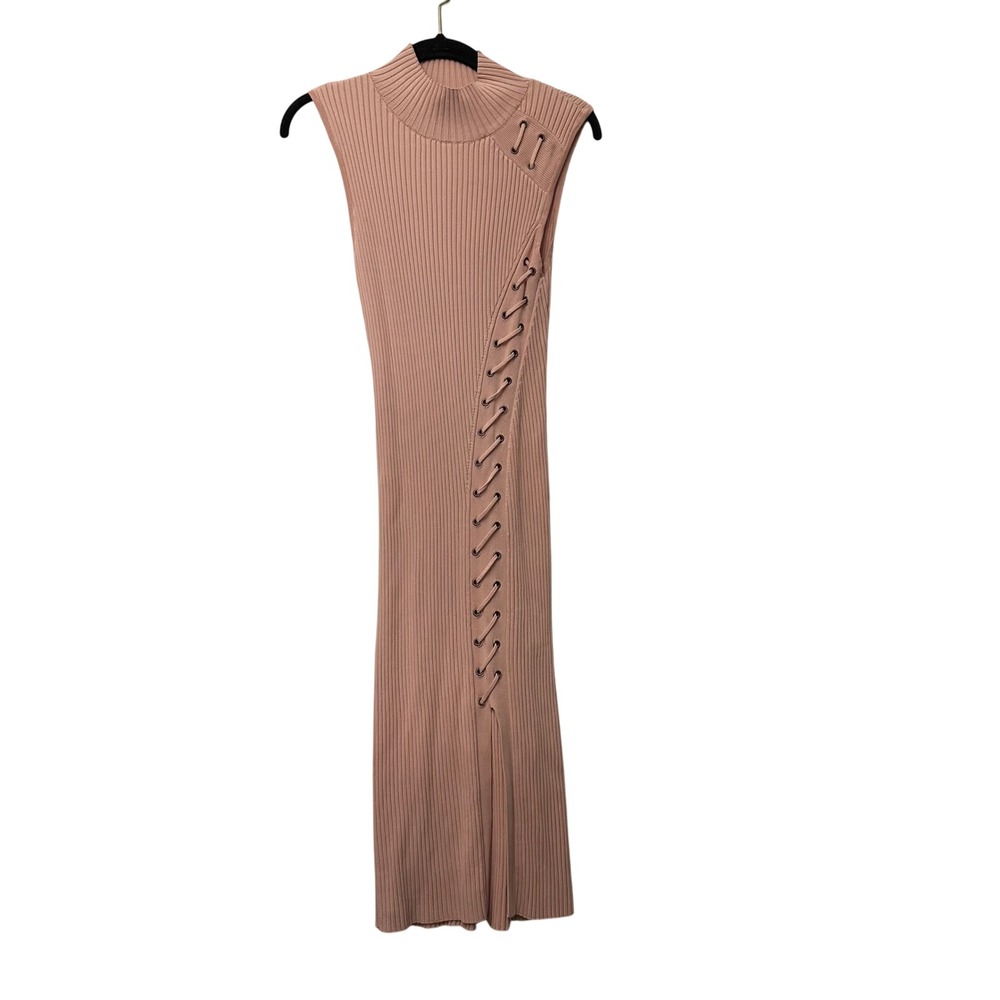 Guess Pink Ribbed Lace Up Mock Neck Sleeveless Bodycon Midi Dress Large